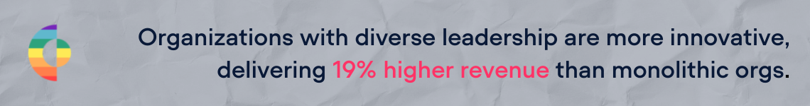 Organizations with diverse leadership deliver an average of 19% more revenue than monolithic workflorces.