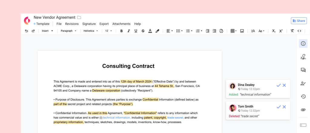 Image of the redlining feature in Concord contract management software.