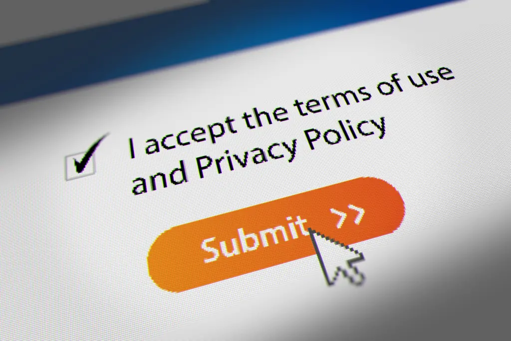 Image showing a clickwrap signature type. Mouse clicking on a submit button of a terms of service and privacy policy agreement.