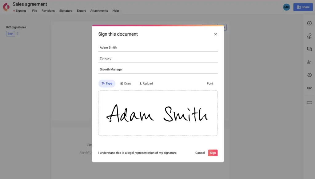 Image showing the functionality of signing a document in Concord contract management software.