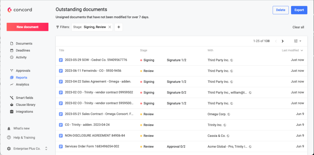 View of the outstanding documents report in Concord Contract Management Software.