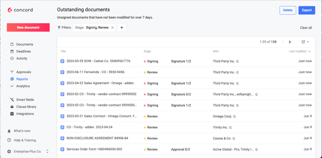 View of the outstanding documents report in Concord Contract Management Software. 