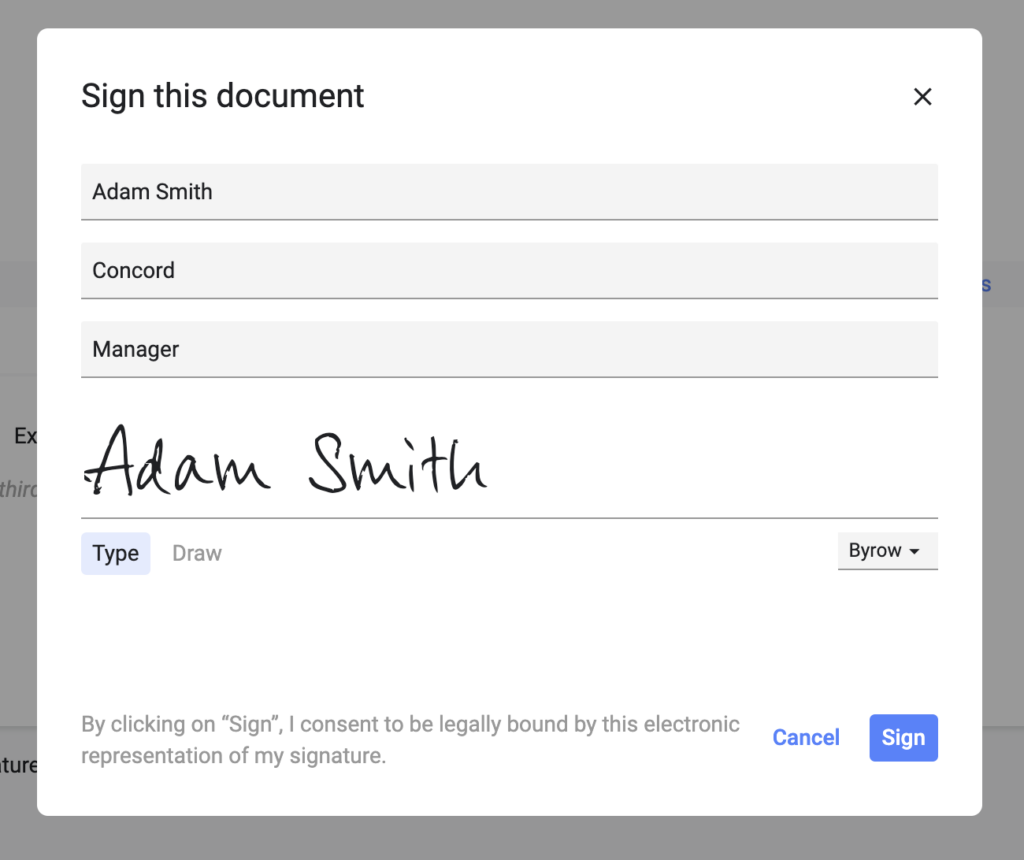 Image of Concord CLM electronic signature window.