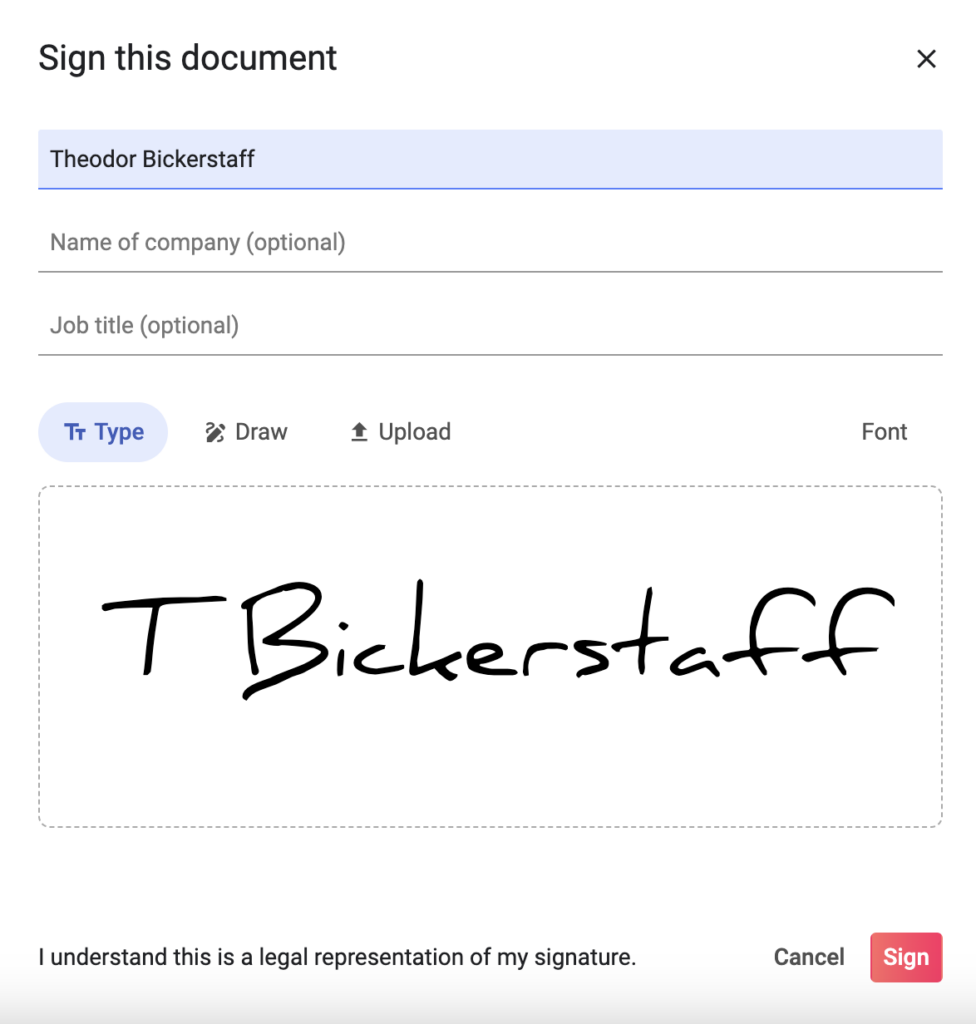 View of the e-signature functionality in Concord contract management software. You can see a screen with fields for someone