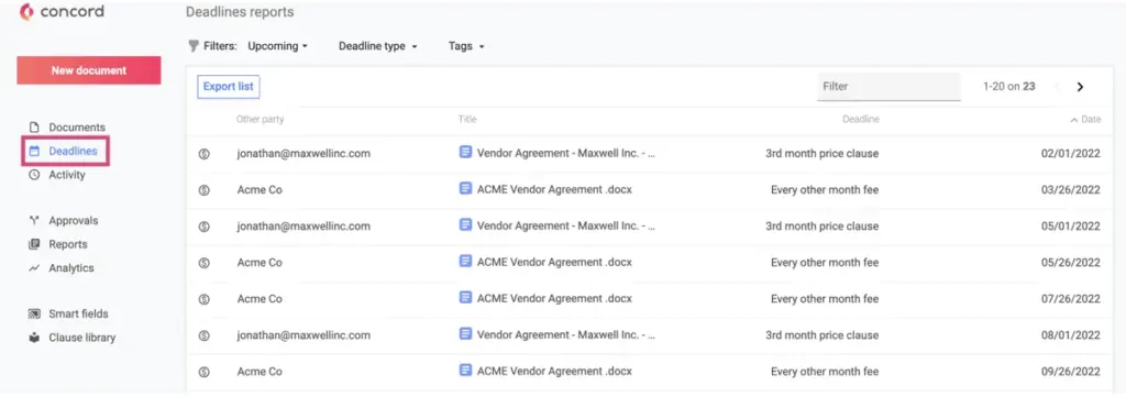 How to automate contract deadline reminders: Concord's Deadline page