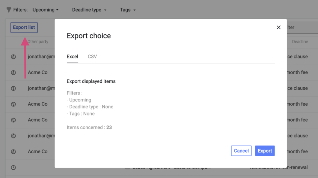 On Concord’s Deadlines tab, click Filter → Export List. This will export an Excel spreadsheet listing each of your documents with upcoming deadlines, as well as the deadlines for each of those documents.