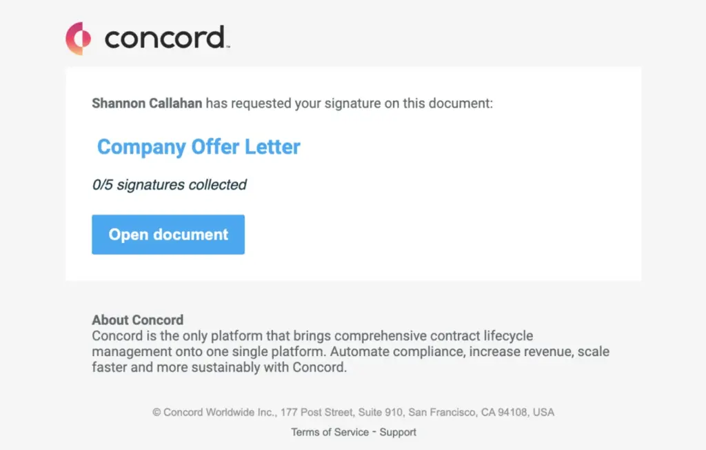 Once you've requested a signature in Concord, the signer(s) will receive an email notification.