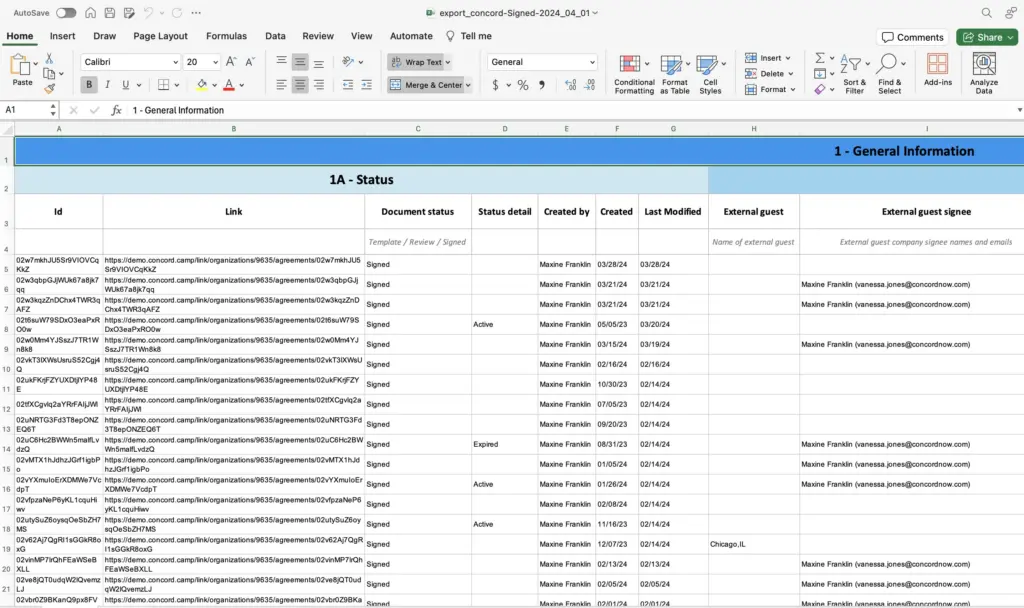 Contract data extracted as an Excel spreadsheet file from Concord