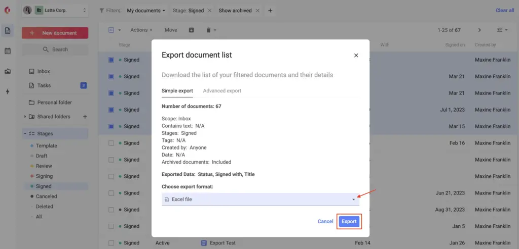 On Concord’s Reporting tab, open a report, and filter to select the contracts whose conditions you want to export. Then click the Export button at the top right.