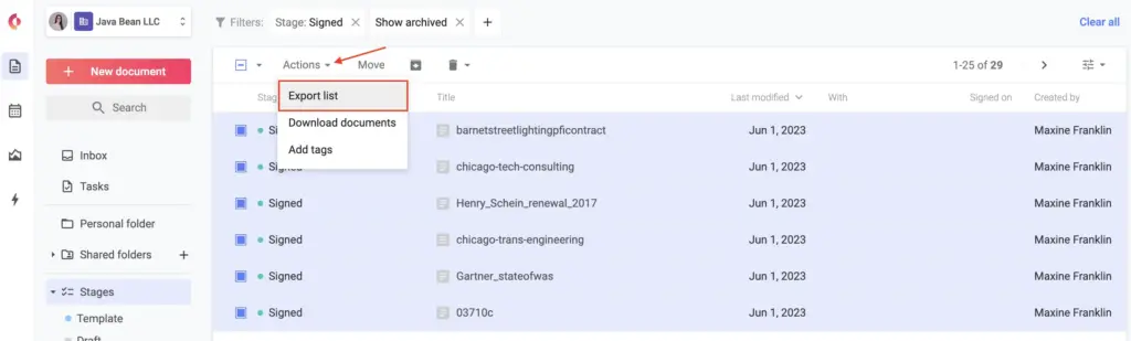 In your Concord Document Inbox, go to Actions → Export List. This will export data from all contracts in your inbox into a single Excel spreadsheet.