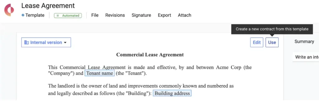 Click Use to use a template to create multiple contracts at once in Concord