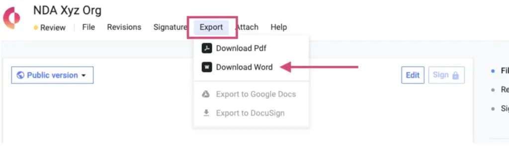 How to export a document from Concord to edit in Microsoft Word