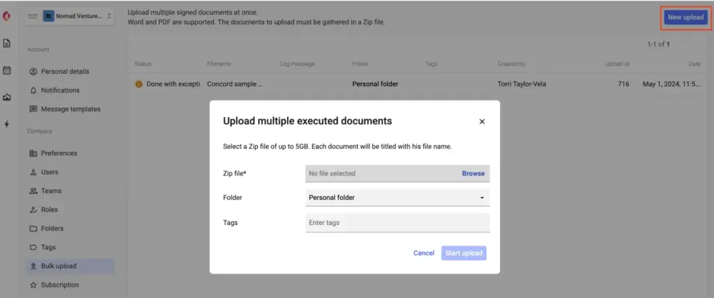 The bulk upload pop up modal in Concord