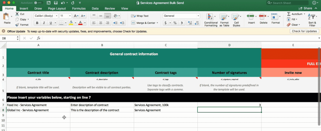 Filling out Excel File to create contracts in bulk using Concord