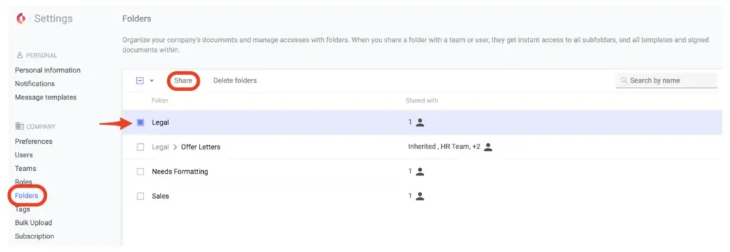 How to grant access rights to folders in Concord