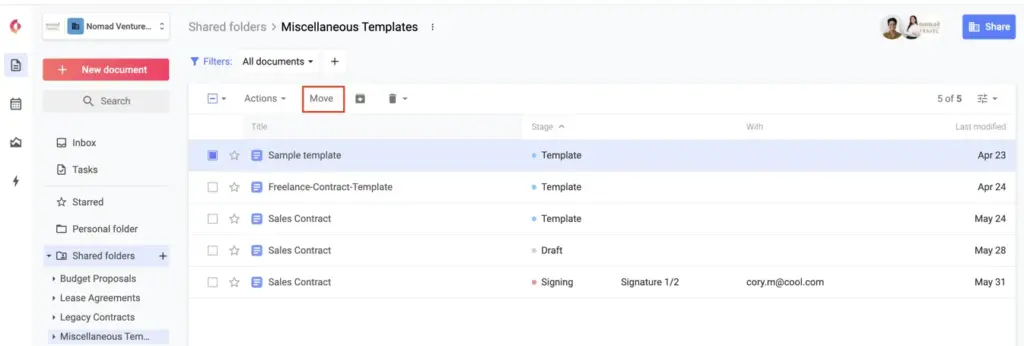 How to move a document to a different folder in Concord